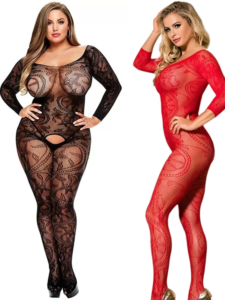 Sexy Black Mesh Fishnet Bodystockings For Women Erotic Hole Lingerie Sexy Long Sleeves Bodysuits Female Sexy Underwear