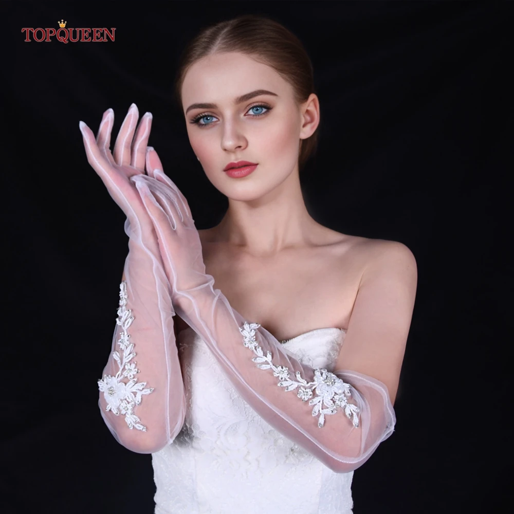 TOPQUEEN Women's Long Tulle Gloves Bead Embroidered Flower Arm Gloves Bridal Wedding Dress Accessories Elbow DIY Gloves VM26