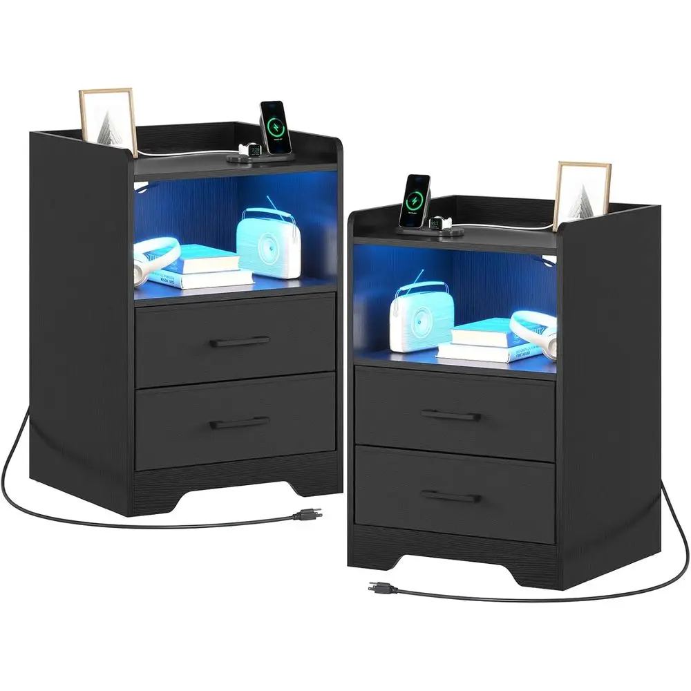 

Double LED Nightstand Set with Charging Port and Fabric Drawers for Bedroom, Black