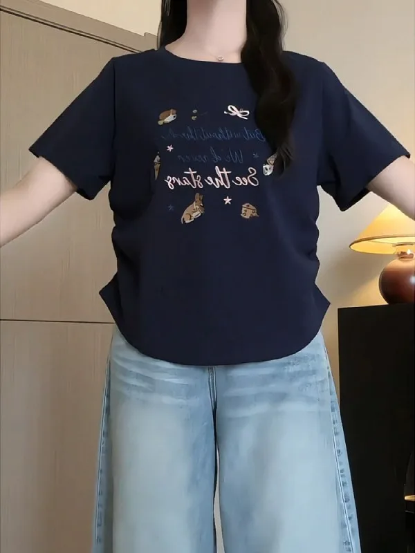 

Женская футболка больших размеров с коротким рукавом, вышивкой, скрывающая живот, летняя, новый дизайн, с мультяшным принтом, повседневная одежда