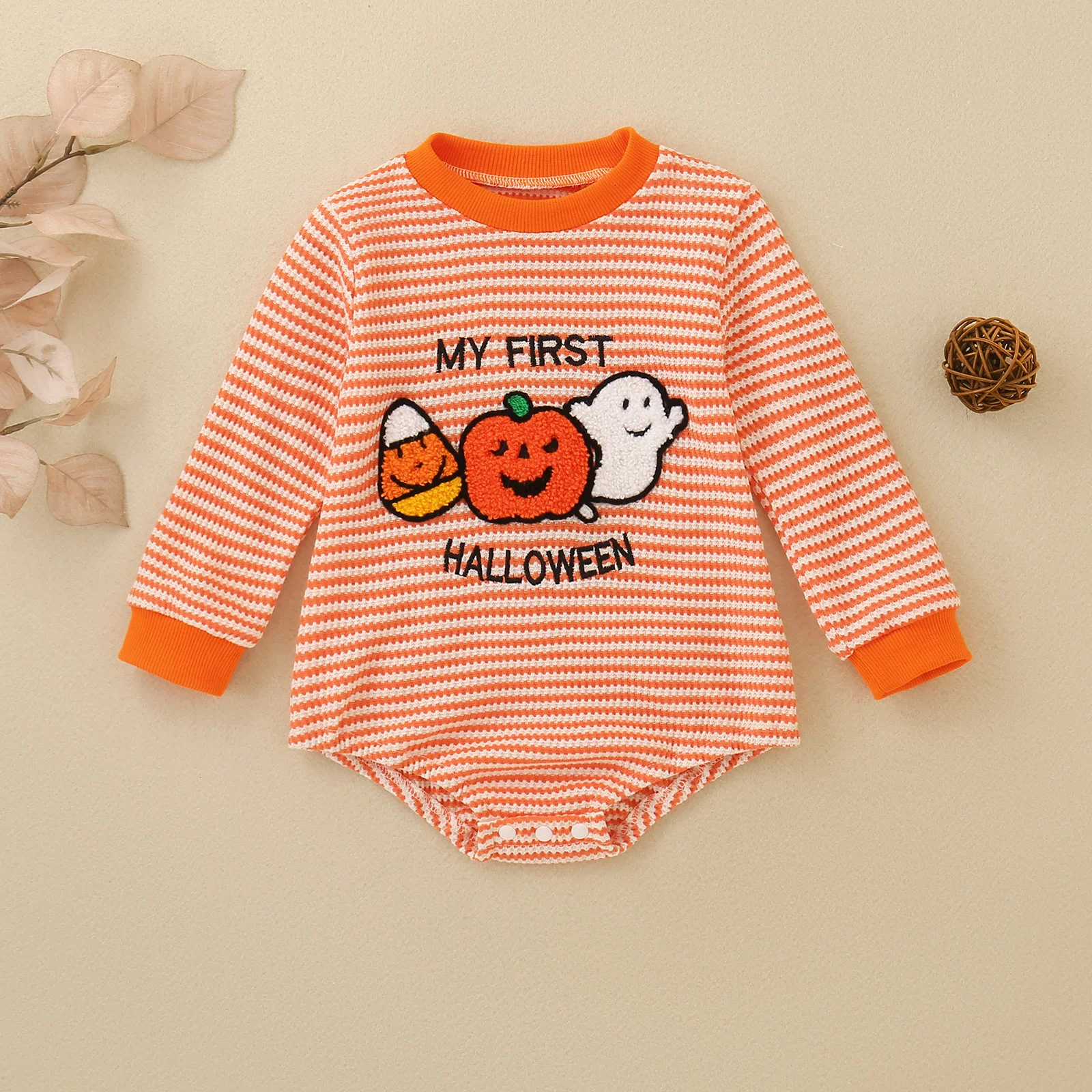 Newborn Baby My First Halloween Bodysuit Orange Striped Long Sleeve Pumpkin Ghost Embroidery Infant Fall Holiday Romper Outfit