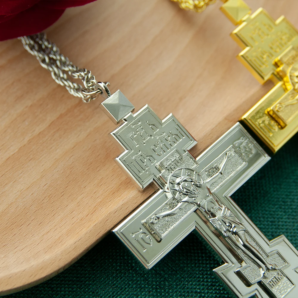 HT Orthodox Jesus Cross Gold Silver Plated Crucifix Cross Necklace Pendant Priest Pectoral Cross Pastor Religion Gift