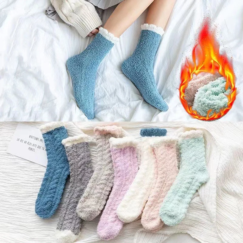 

Winter Warm Fluffy Fuzzy Socks Thick Thermal Soft Kawaii Cold Resistance Mid Socks Coral Fleece Floor Sleep Sock