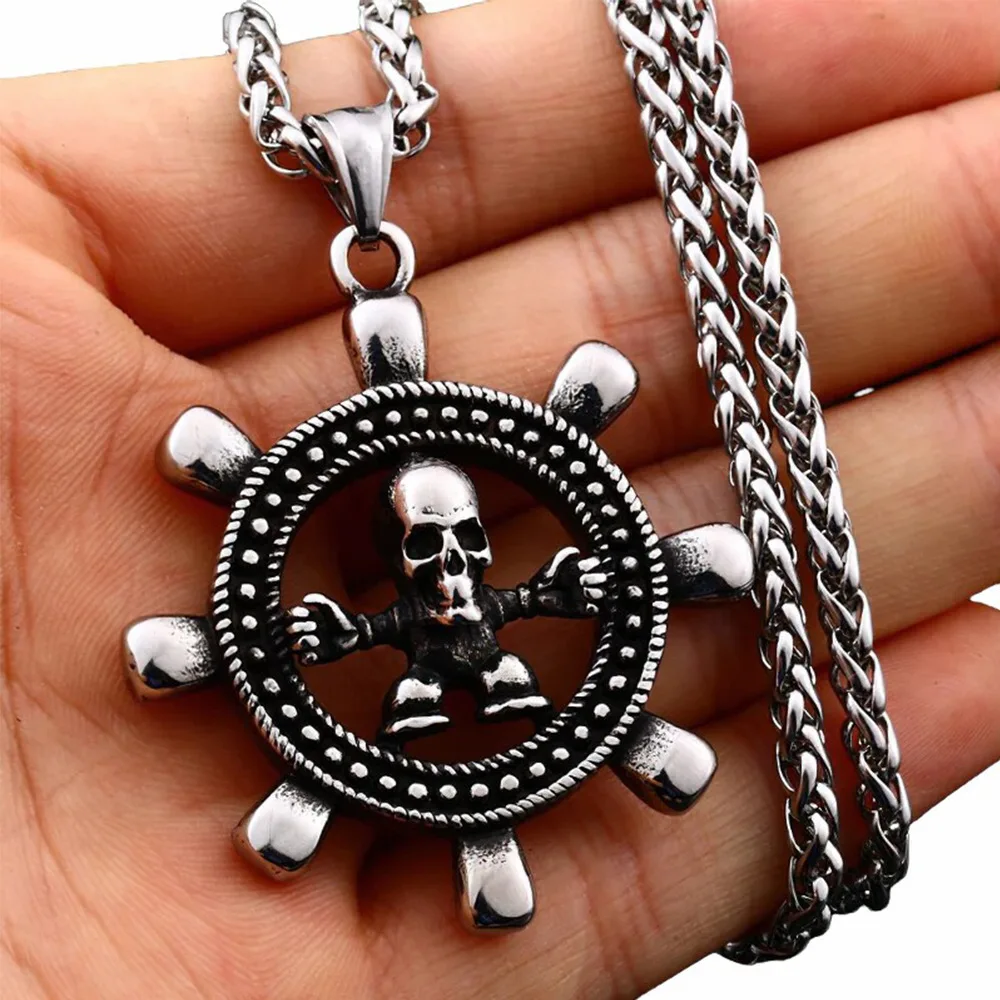 Boutique Pure Skull Rudder Punk Necklace Niche Charm Men's Pendant Ornament Stainless Steel Jewelry Necklace Accessories Gift