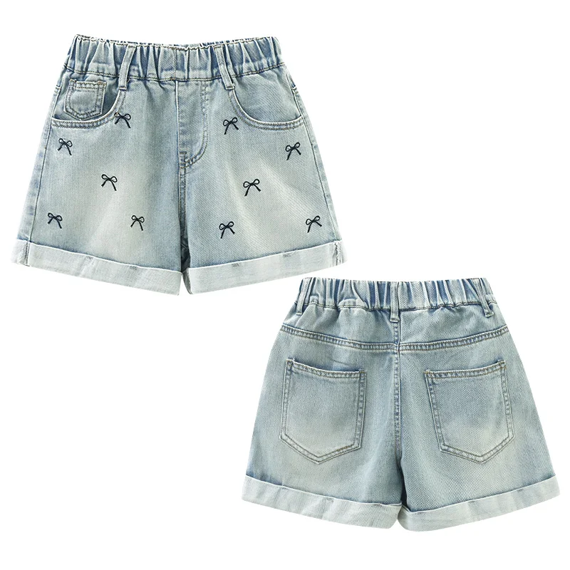 Children Casual Denim Shorts with Bow For Girls Elegant Above Knee Pants Mini Jeans Kids Teenager Brief Summer Shorts Size 5-14Y