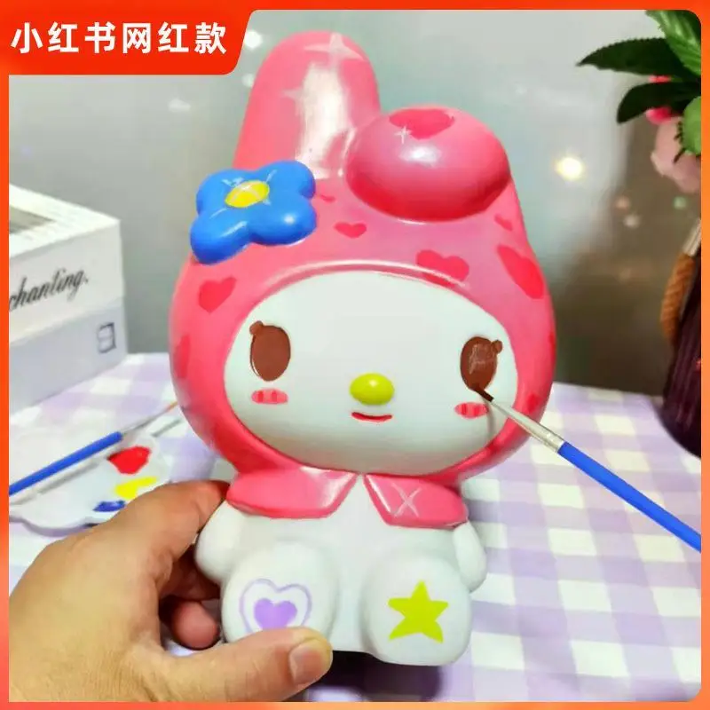 Sanrio Hand Painted Glue Doll Piggy Bank Hello Kittydiy Diy Coloring Piggy Bank Money Box Cute Cartoon Gift for Girls