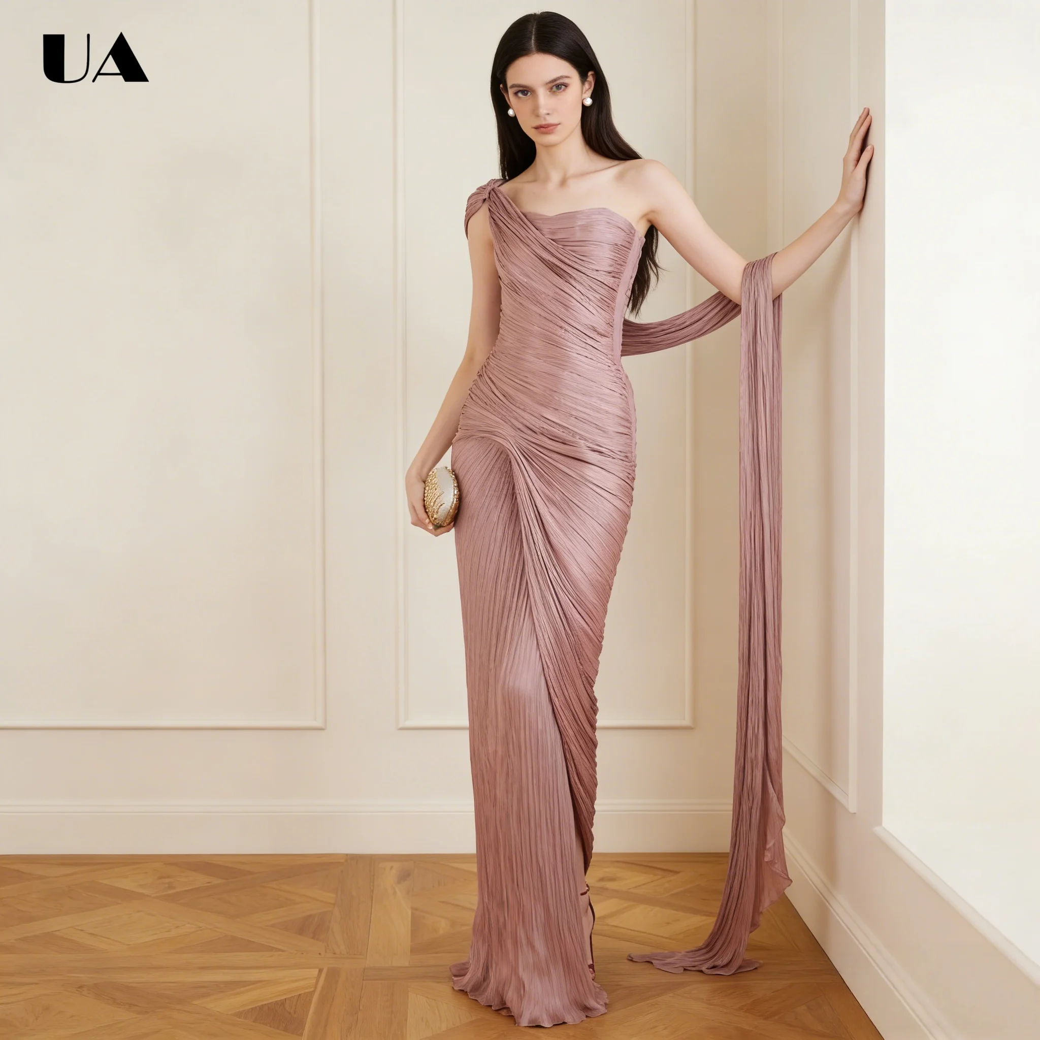 

ULBYANRY Customized Straight Plissé Chiffon Prom Dress for Woman, Elegant One-shoulder Evening Dress, Trendy Draped Party Dress