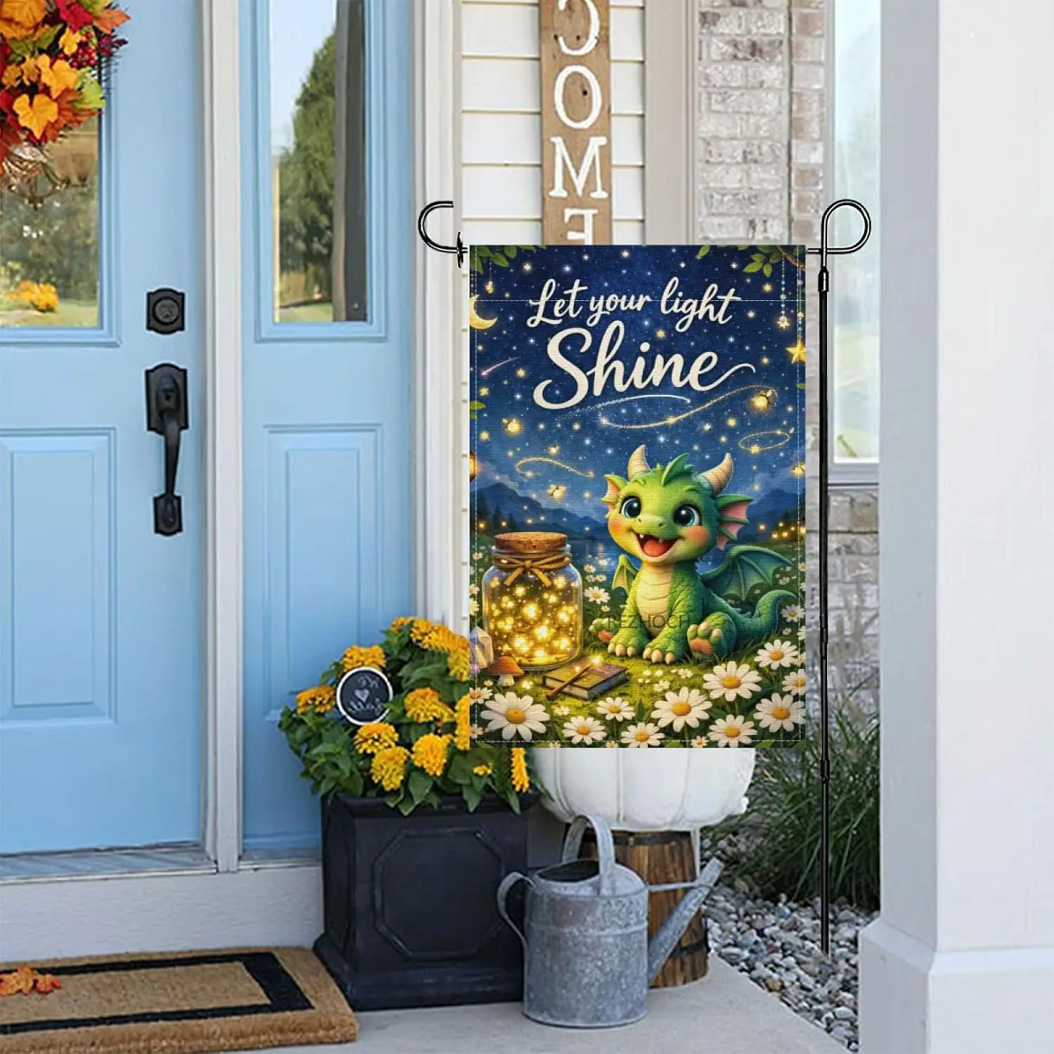 Funny Dragon Garden Flag 12x18Inch Double Sided Let Your Light Shine Home Farm Decor,Cute Animal Fireflies Daisies,Outdoor Y MMZ