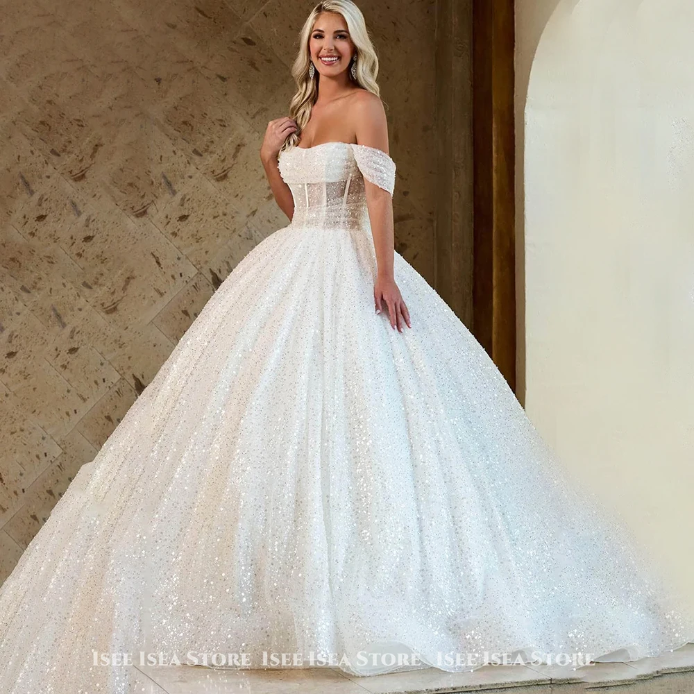 Vestido de boda para novias 2025 con lentejuelas, sencillo, sin tirantes, mangas casquillo, corte en A, vestidos formales de noche, vestido de novia Sexy personalizado