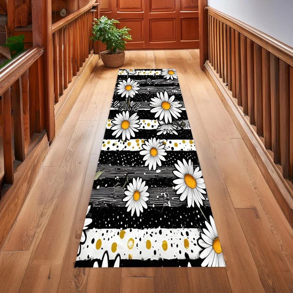 Alfombra Larga Floral Daisy, Tapete de Cocina Boho Resistente a las Manchas, Alfombra de Entrada Vintage con Rayas y Diseño de Pintura Salpicada, Color Blanco Daisy