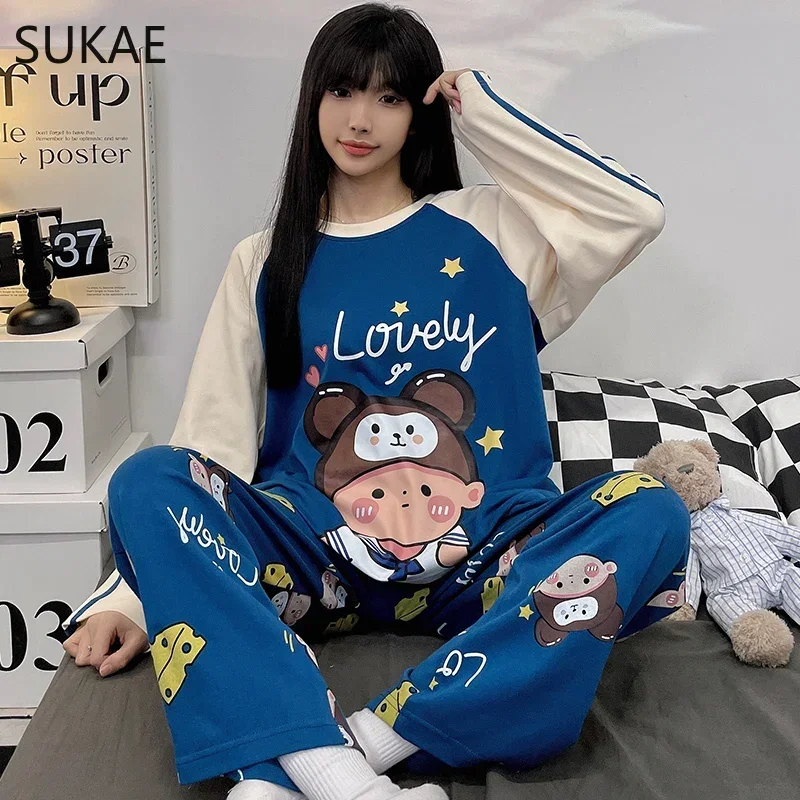 SUKAE Spring Autumn Long Sleeves Women Cotton Pajamas Sets Cute Cartoon Dinosaur Sleepwear Young Lady Homesuits Casual Pijamas