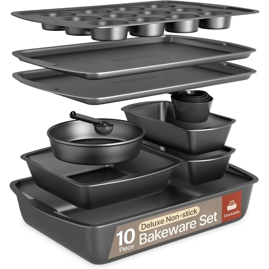 

Gray 10Piece Bakeware Sets Nonstick Carbon Steel Baking Sheet and Pans Stackable SpaceSaving Bakeware Dishwasher Safe Stainresi