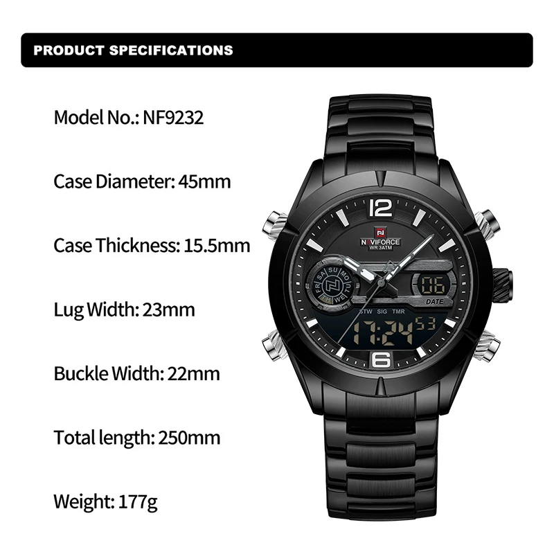 NAVIFORCE Trend Casual LCD Display Man‘s Wristwatch Analog Digital Quartz Watches for Men Stainless Steel Band Male Clock NF9232