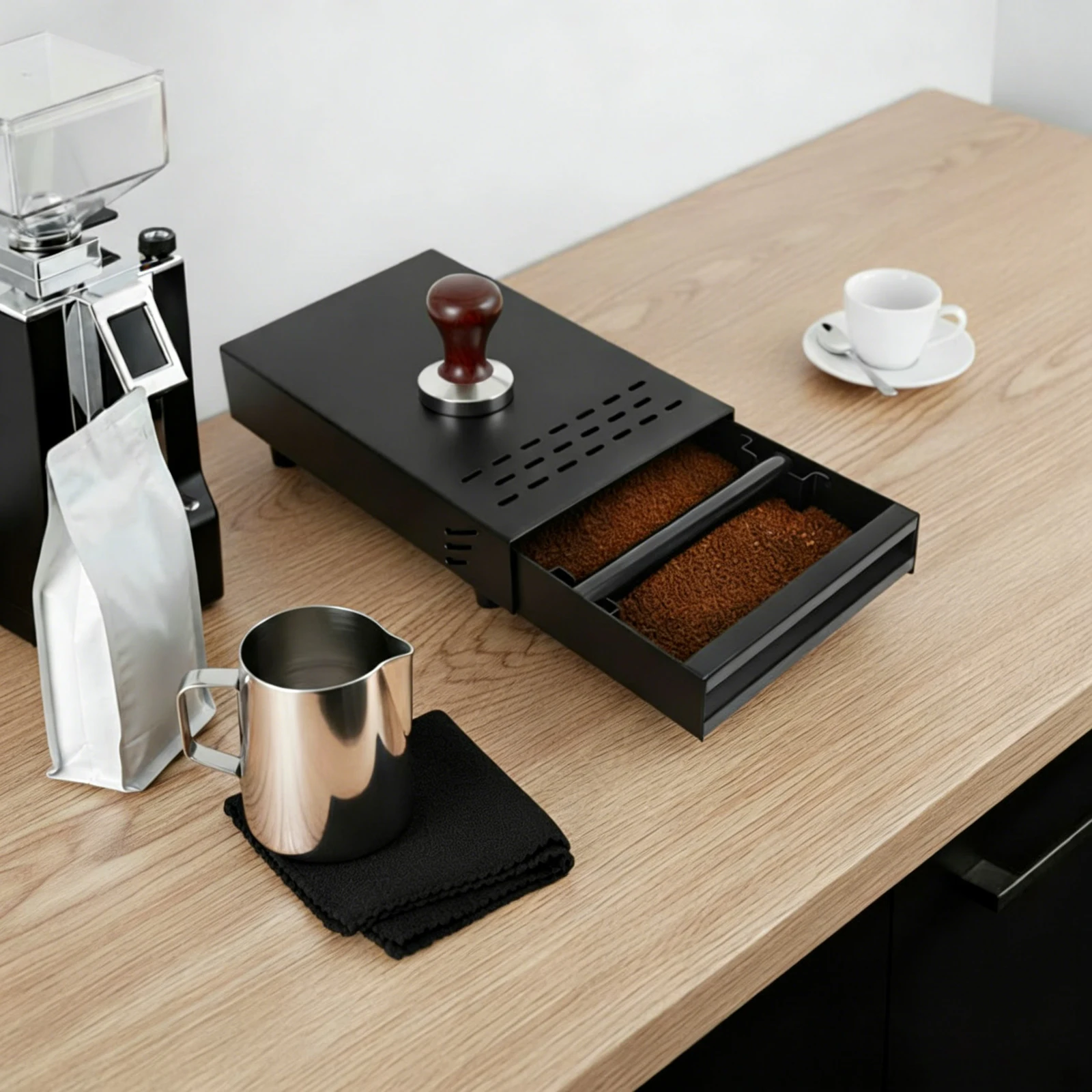 Image of Professioneller Edelstahl-Kaffeesatzbehälter mit Schublade, Großer Barista Espresso Knockout-Behälter, Rutschfester Boden, Wärmeableitungsöffnungen, Modernes Tisch-Kaffeezubehör für Zuhause, Café,