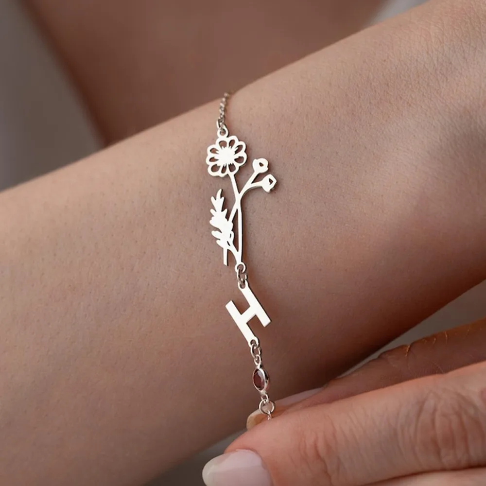 

Custom Birth Flower Bracelet Floral Birthstone Birthflower Jewelry Personalized Initial Charm Bracelets For Women Christmas Gift