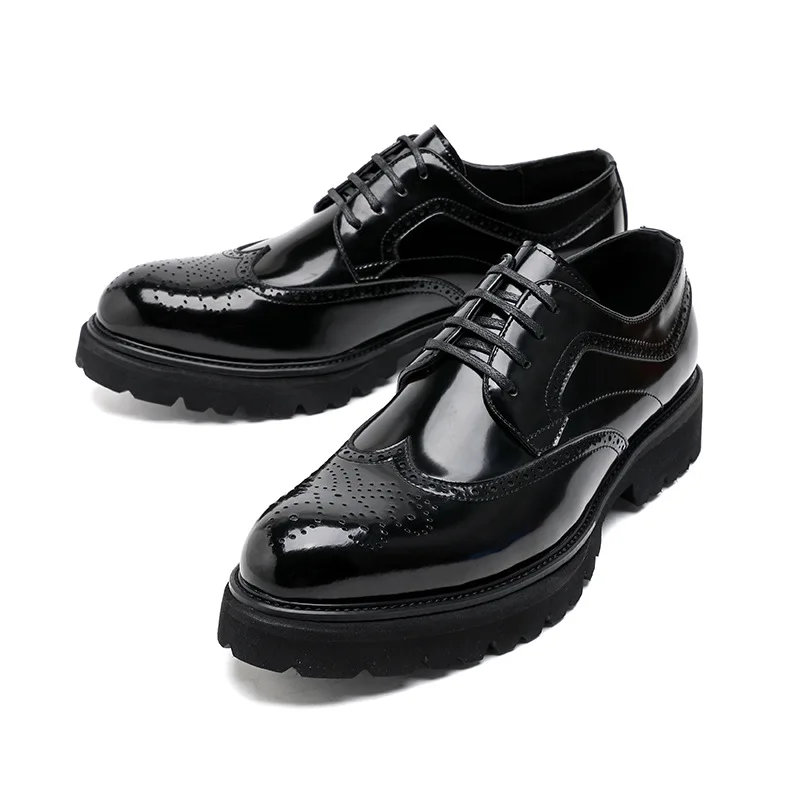 mens luxury fashion business wedding dress platform shoes lace-up patent leather derby shoe black trendy carved brogue footwear