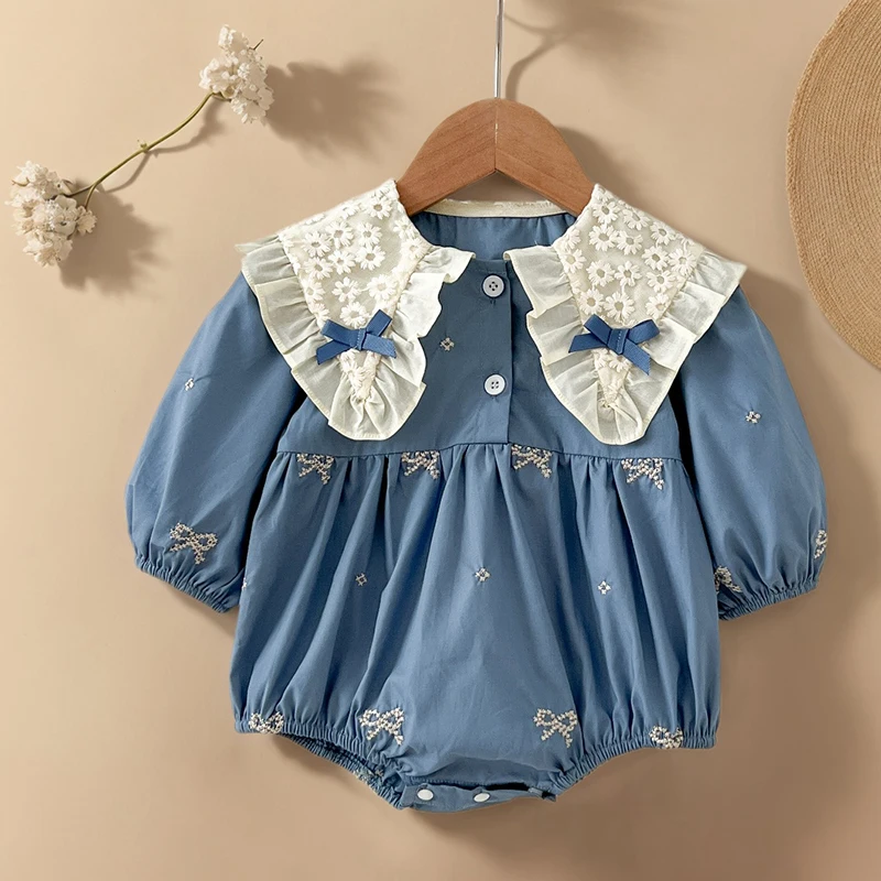 

Spring Newborn Clothes Kids Baby Girls Long Sleeve Sweet Embroider Lace Collar Bow Princess Rompers Infant Baby Girls Rompers
