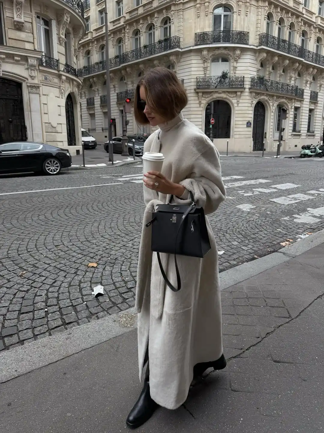 سترة أنيقة أنيقة بأربطة من الفرو الصناعي للسيدات منفوش ورقبة دائرية وأكمام طويلة معاطف دافئة طويلة للنساء معطف شتوي يومي عالي الشارع #3