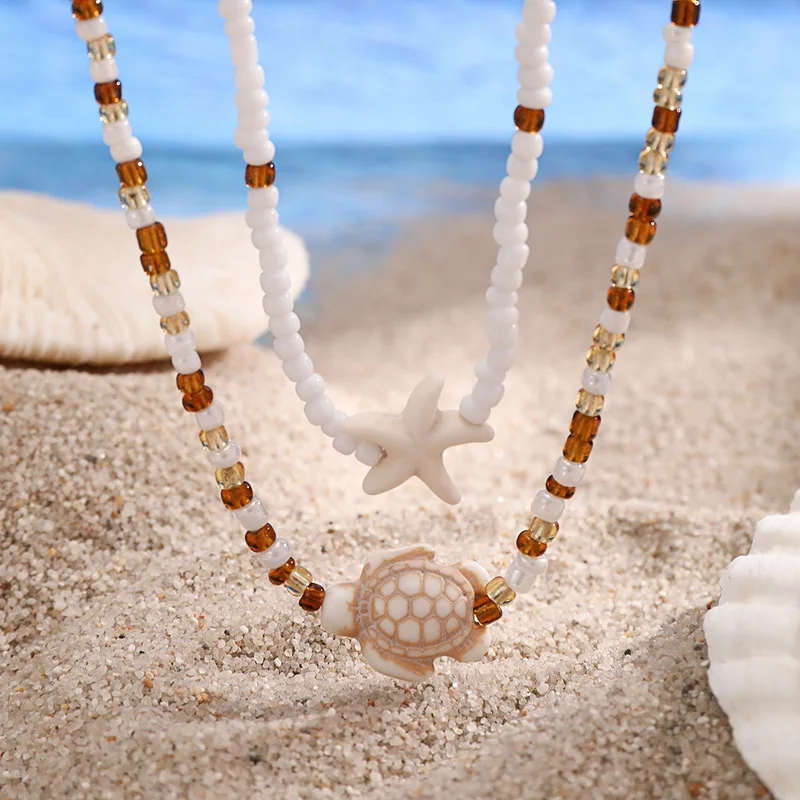 Bohemian Doppel Reis Perle Kette Schlüsselbein Halskette für Frauen Acryl Schildkröte Seestern Anhänger Halsband Sommer Strand Mode Schmuck – Detail 3