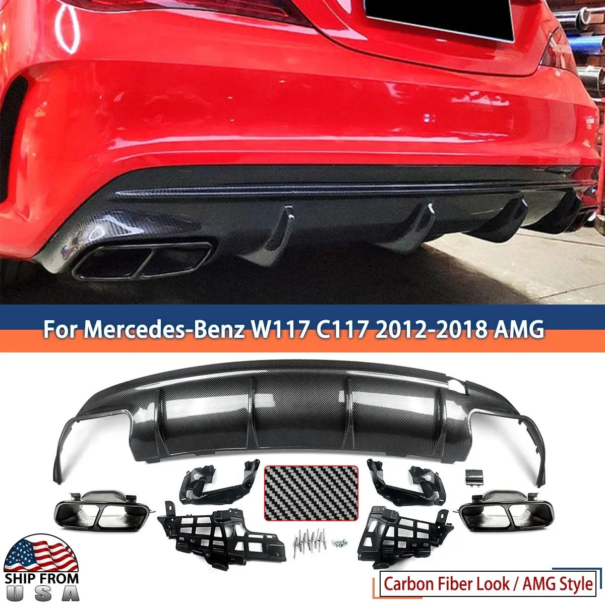 AMG Rear Bumper Diffuser Exhaust Tailpipes For Benz W117 CLA200 CLA250 2012-2018