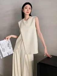 New High Quality Luxury Two Piece Sets Women Outfits Summer Elegant Sleeveless Tank Blouse + Draping Double Pleats Pant Sets
