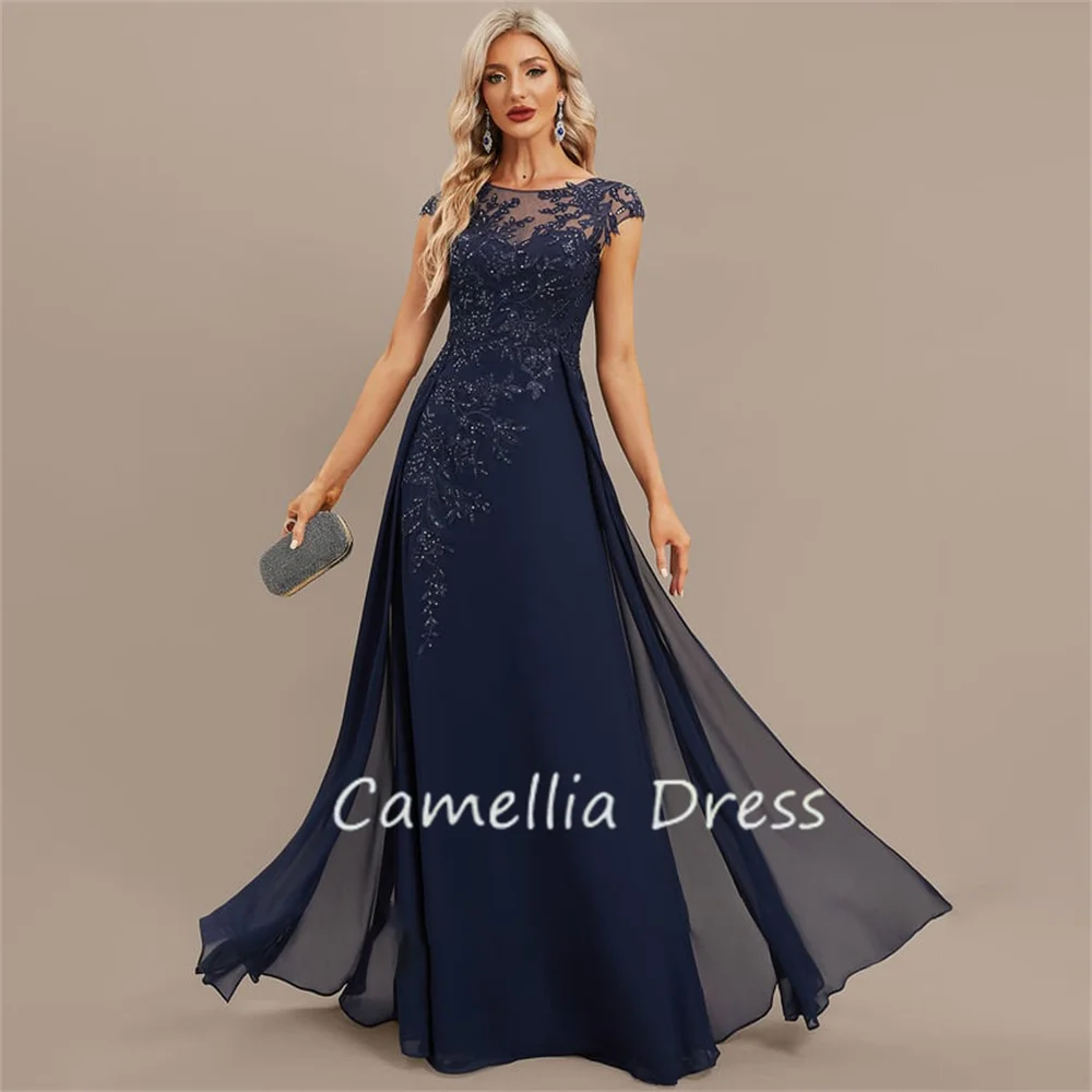 Elegant A-line Evening Dresses Scoop Neck Prom Dresses Floor-Length Chiffon Lace Formal Dresses Vestidos De Fiesta فساتين السهرة