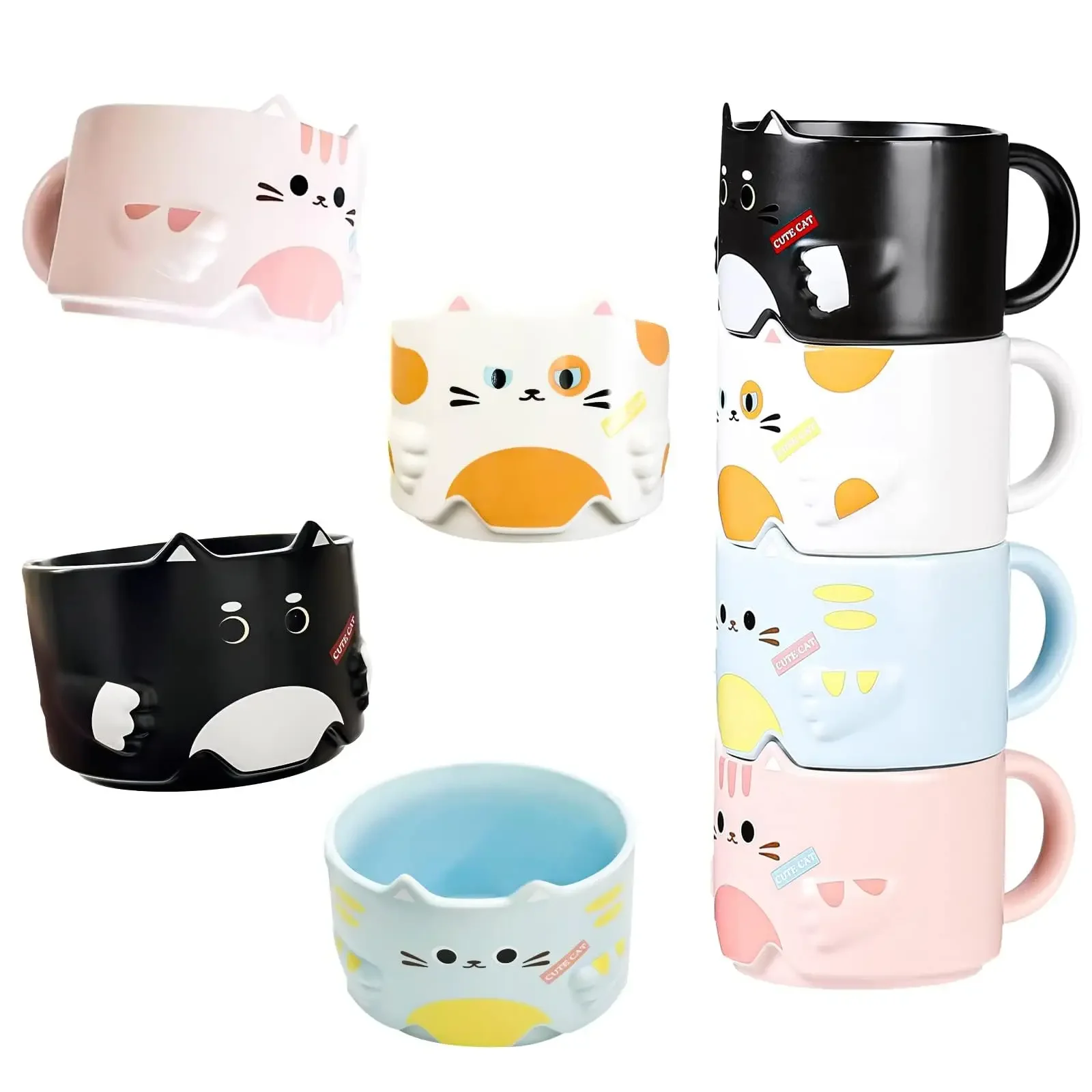 Mug Set of 4 Stackable Porcelain Cute Coffee Gifts for Lovers,Funny Mugs with Cartoon Designs 300ML