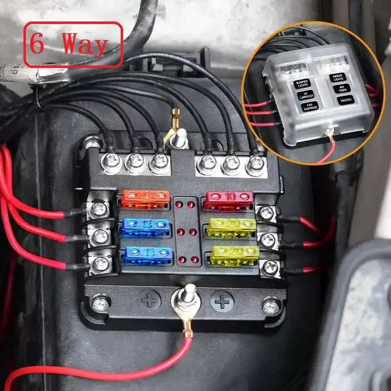 

Plastic Cover 6 12 Ways Blade Block 12V 32V Fuse Box Holder M5 Stud With LED Indicator Light For Auto Car Marine