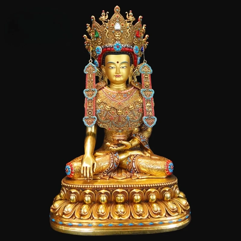 Nepal Tibet Craft Pure Copper Engraved Tibetan Buddhist Golden Jowo Buddha Statue
