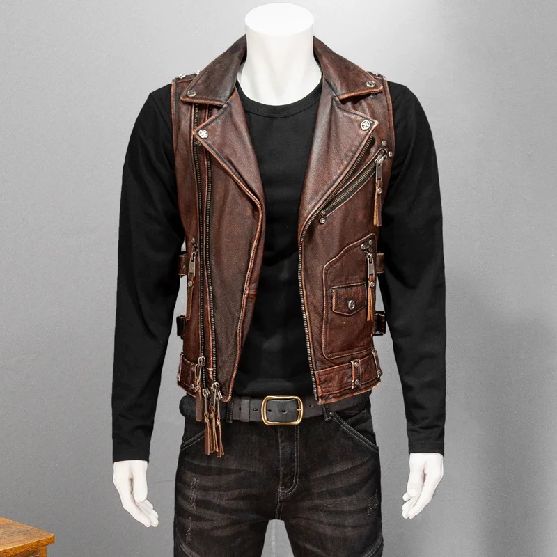Red Brown Spring Leather Vest Men Vintage Punk Style Plus Size 5XL Natural Cowhide Slim Fit Short Genuine Leather Vest