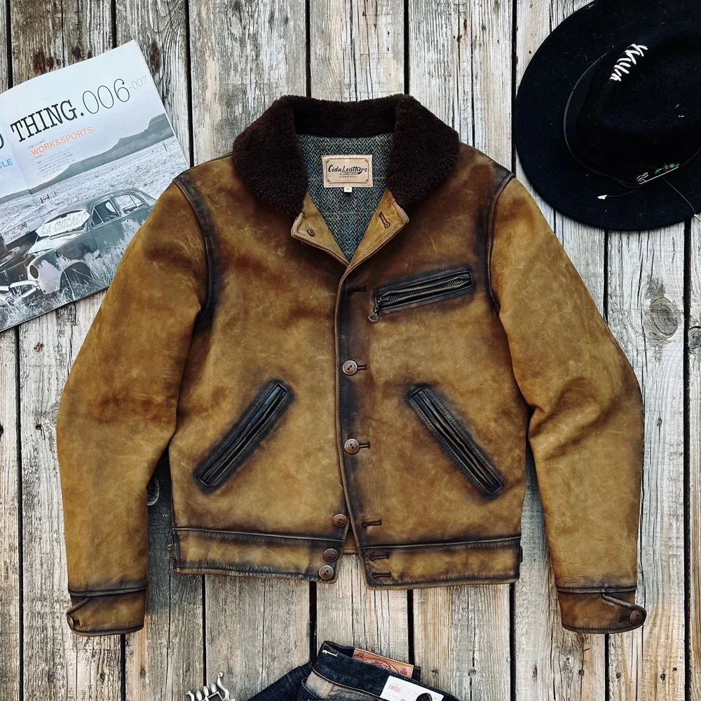 

Tailor Brando S-035 Italian Water-Dyed Cowhide & Australian Lambswool Collar Heavily Sged American Retro Rancher Jacket