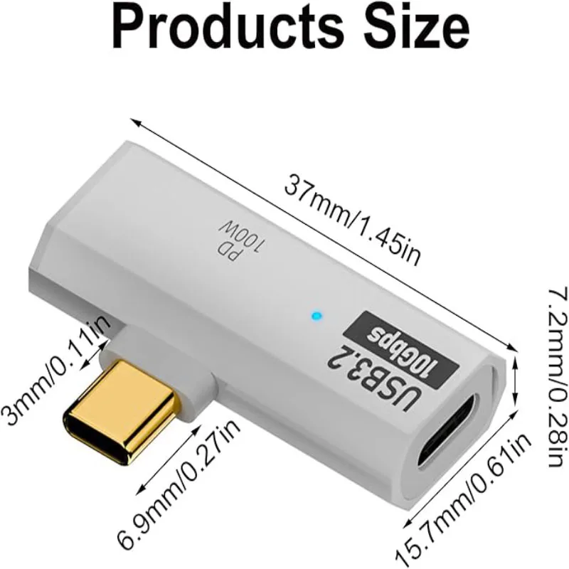 L‑Shape USB‑C Right Angle Adapter, 100W PD Fast Charge USB3.2 10Gbps Data Transfer Type‑C Male to Female Converter