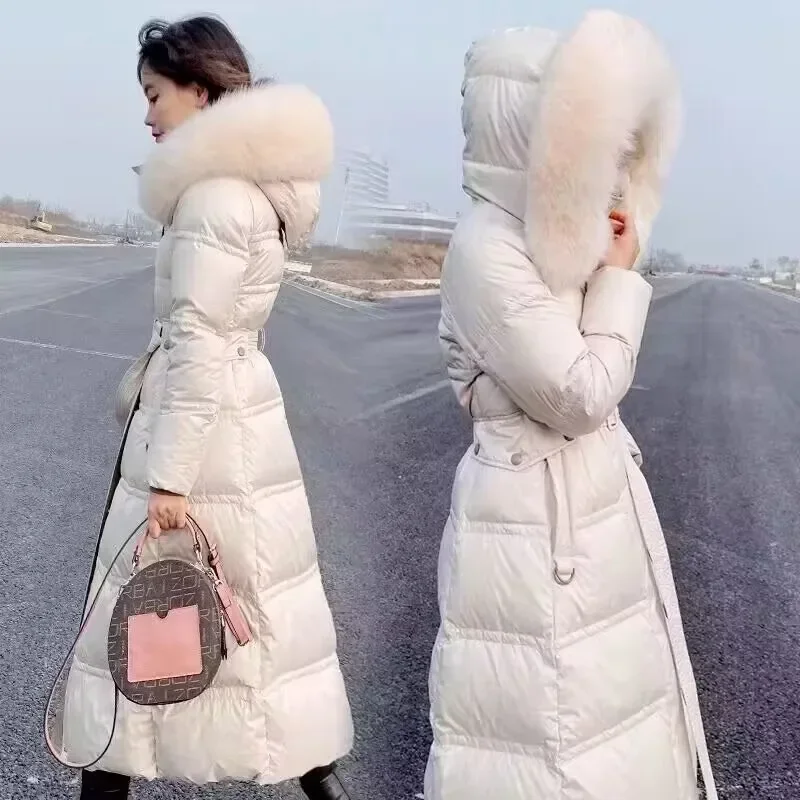 2023Fashion Winter Women Down Coat Fox Fur Collar Thickened White Duck Down Coat Warm Slim Fit High End European Women Long Coat