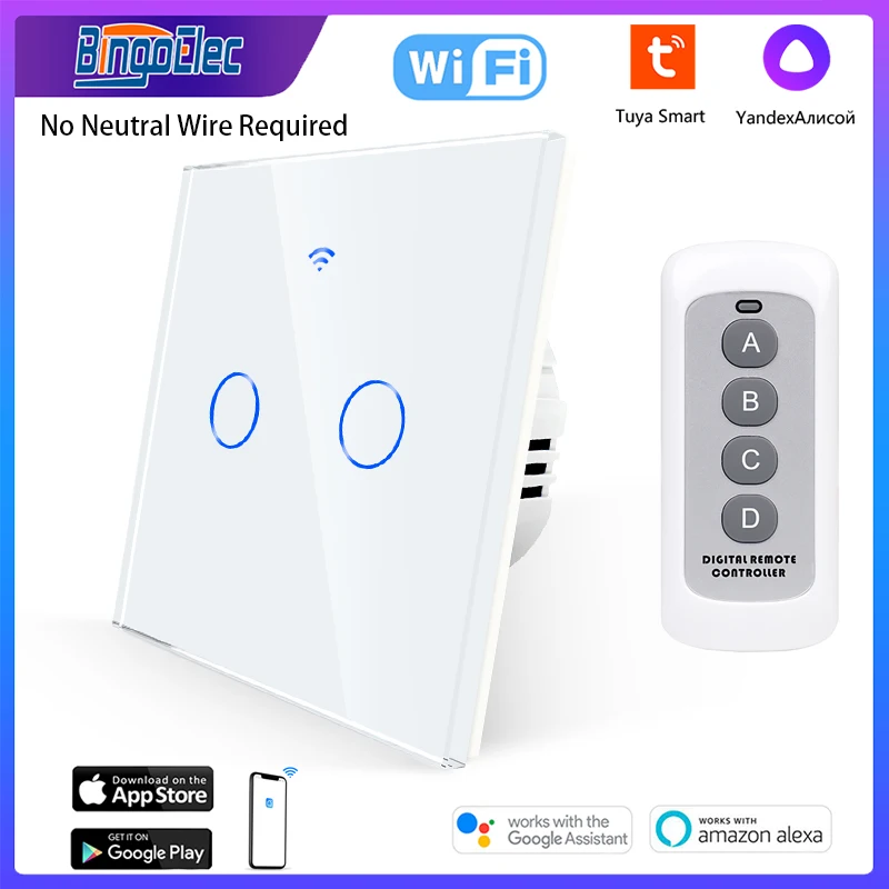 Bingoelec Wifi EU Wall Touch Switch Smart Light Switch 1/2/3 Gang No Neutral Wire Required Tuya Smart Support Alexa Google Home