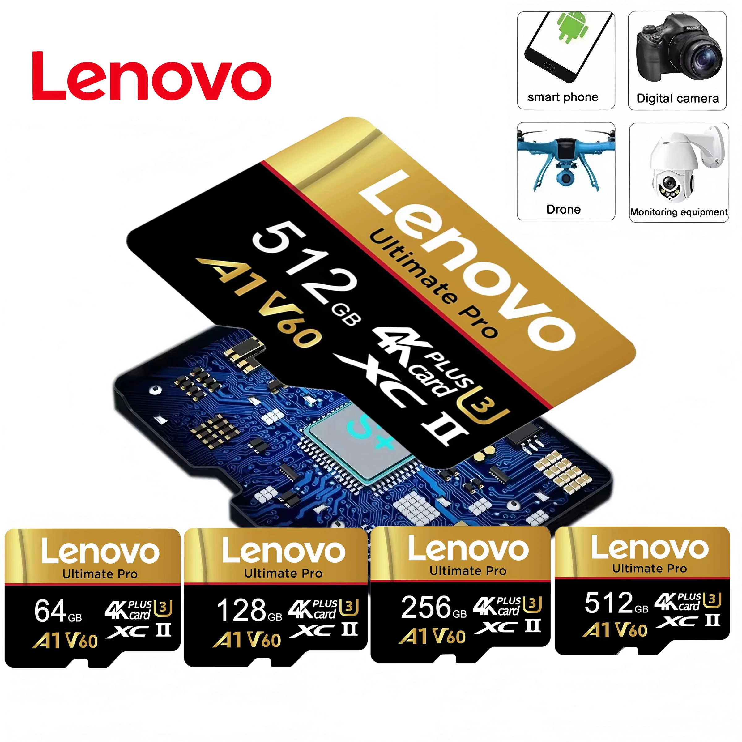 Lenovo Extra Large TF Cards SD Cards 512GB Memory Card Micro TF SD 256GB A2 128GB Write 32GB U1 for Android / Gaming / Drone