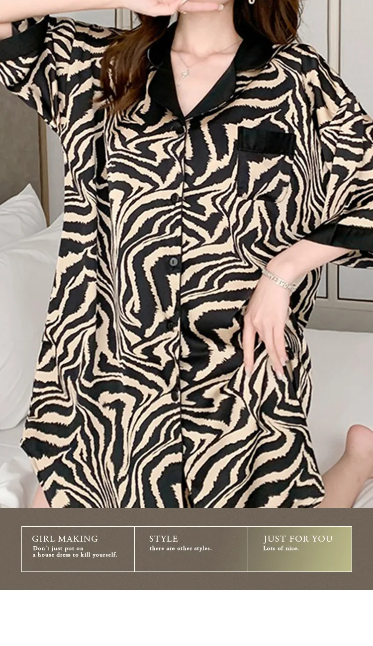 Women Nightgowns Satin Silk Zebra Striped Print Sleepwear Buttons Nightwear Dress Sexy Lingerie Gown Robe Homedress Nightdress