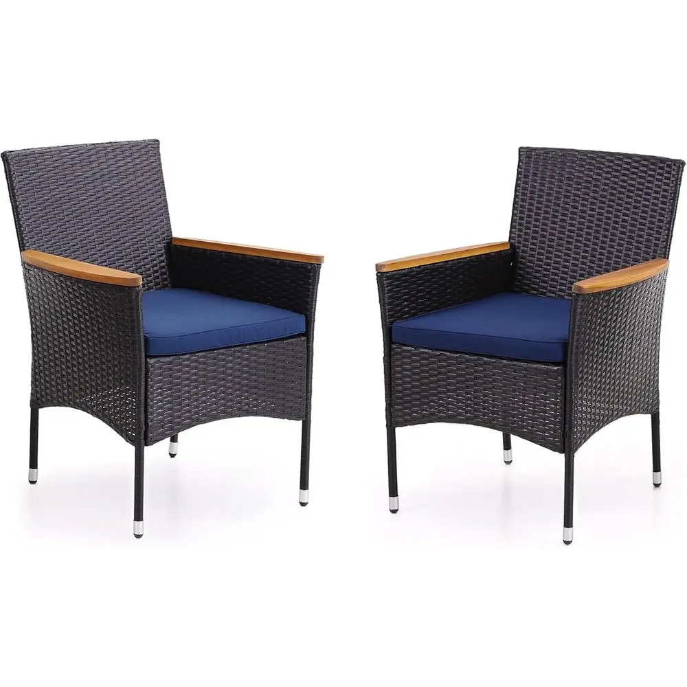 

Set of 2 Black Rattan Outdoor Wicker Dining Chairs with Removable Cushions for Patio, Garden, or Bistro
