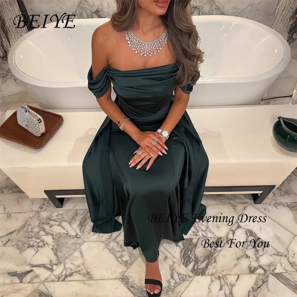BEIYE – robe de soirée fourreau en Satin vert, charmante, épaules dénudées, sans bretelles, plissée, personnalisée