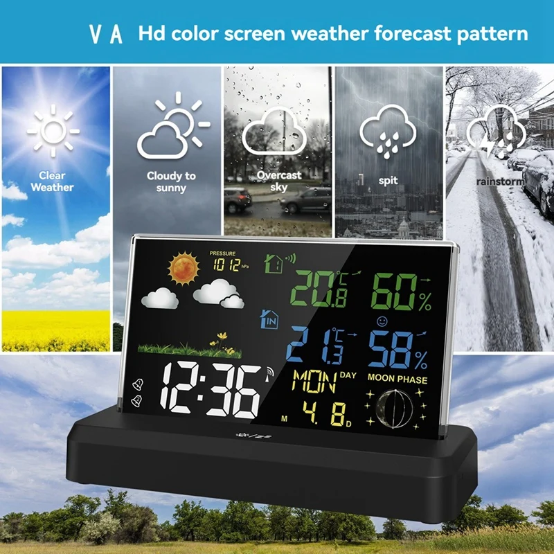 One-To-Two Indoor And Outdoor Weather Station High-Definition Color Screen Forecast Meteorological Clock EU Plug A