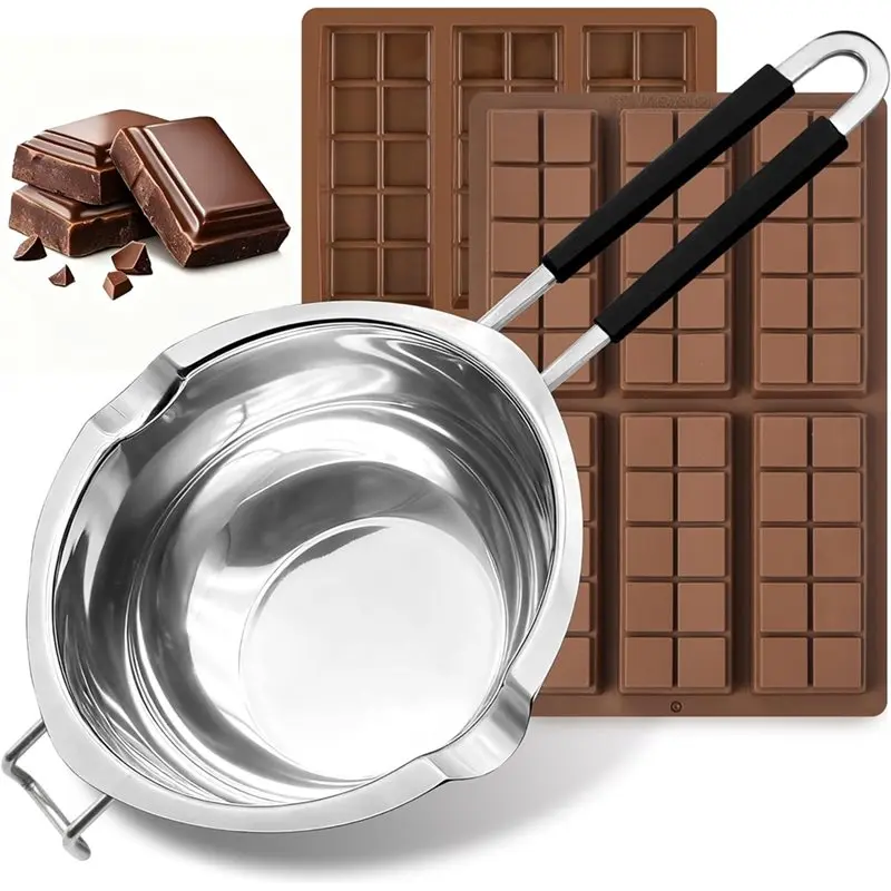 

A98E-Double Boiler Pot 1200ML/1.1QT With 2-Pack Silicone Chocolate Bar Molds In Stainless Steel Material