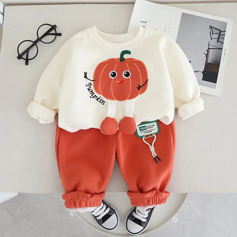 Spring Autumn Kids Boys 2PCS Clothes Set Cotton Cartoon Long Sleeve Pullovers Solid Loose Pants Suit Toddler Boys Outfits