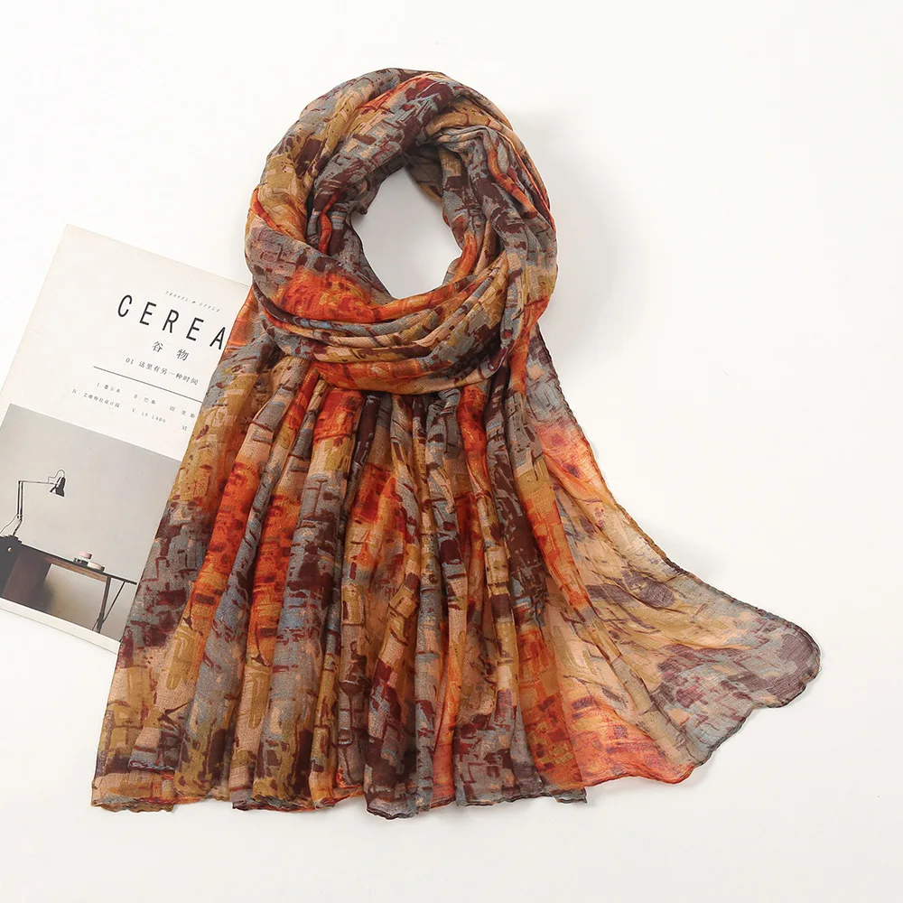 All-Match Color Scarf for Women Muslim Hijab Ink Printing Thin Shawl All-Match New Voile Four Seasons Islamic Clothing