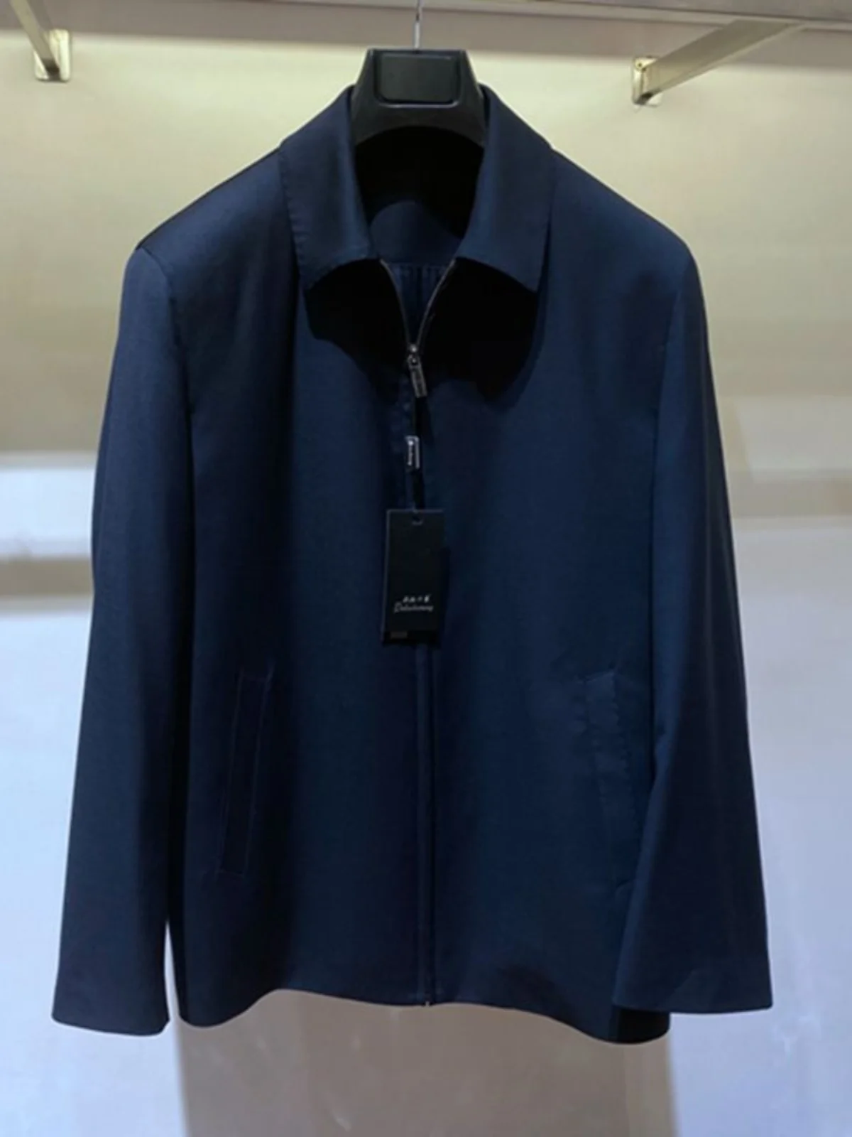 

Spring Autumn Navy Blue Collar Zipper Woolen Men's Jaet Casual Busin Sle Long Sve Straight Hem Pure Color