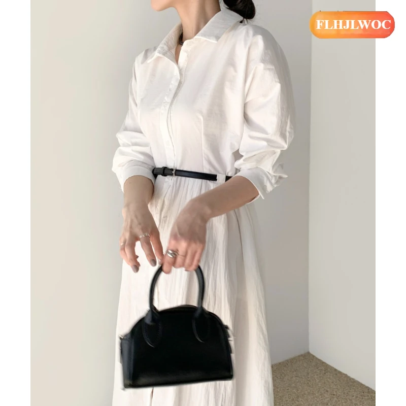 Vestidos con cinturón nuevo elegante Corea Vestidos femeninos mujer manga larga Oficina señora sólido Oficina elegante largo básico vestido camisero blanco