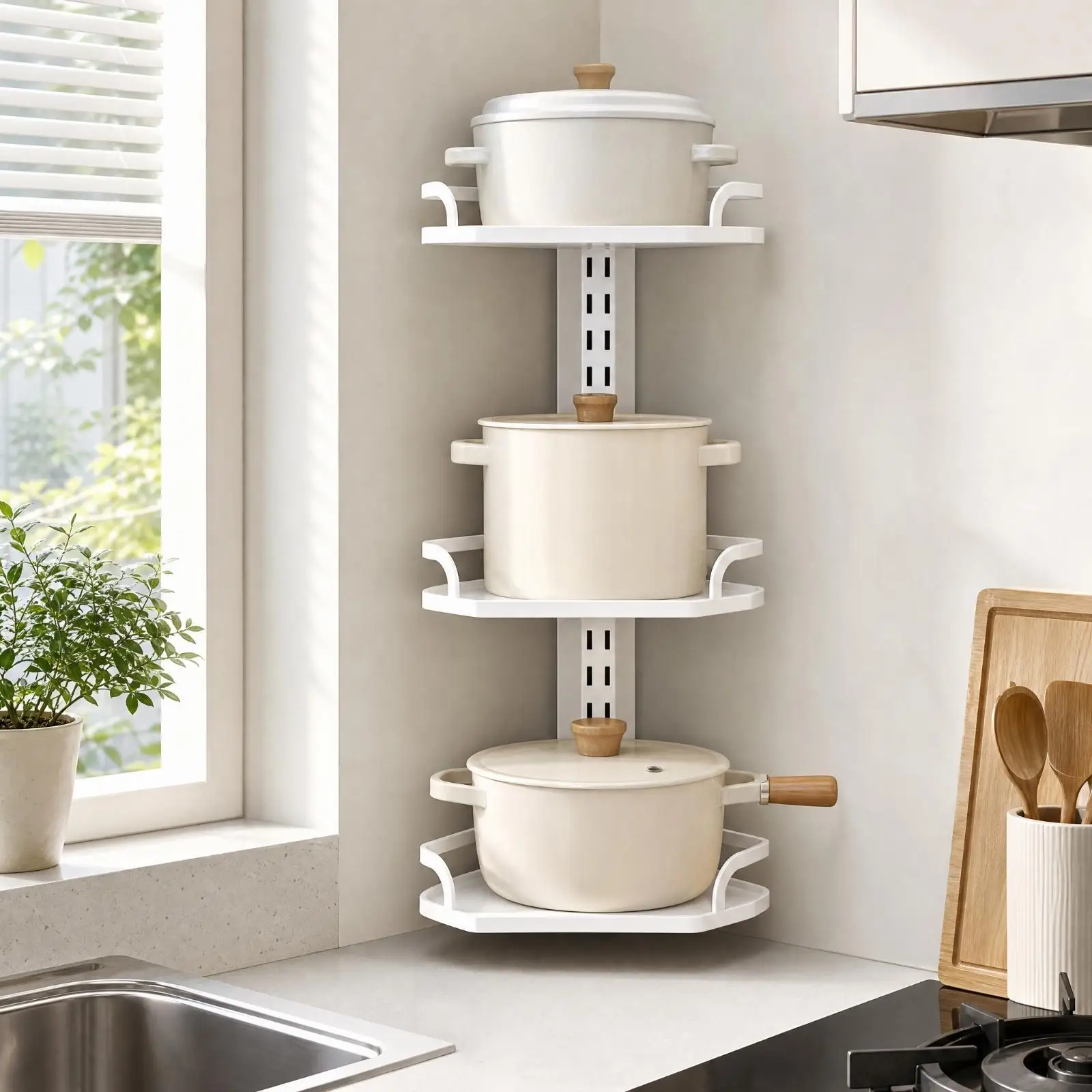 Metal Wall Mounted Pan Rack Corner Kitchen Shelf Organizer Adjustable Cookware Rack with Removable Trays for Pots