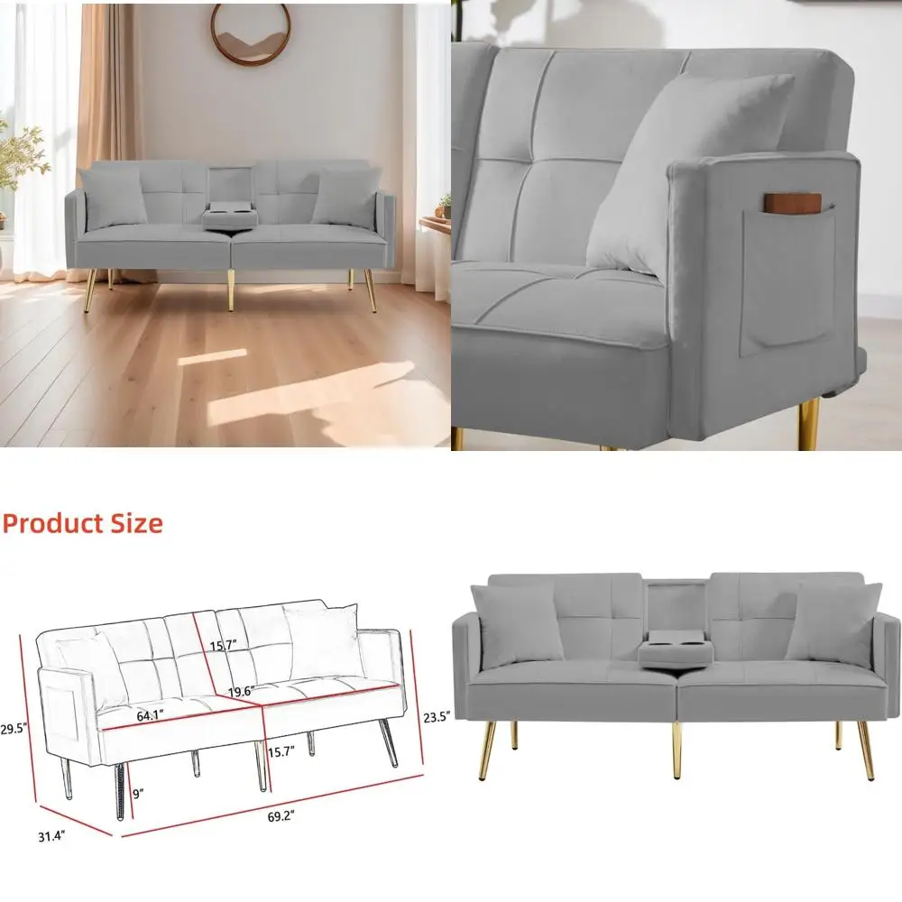 سرير أريكة فوتون قابل للتحويل - سرير فوتون من القماش المخملي مع أقدام معدنية ذهبية اللون وحاملين أكواب، مقعد Loveseat قابل للطي للشقق