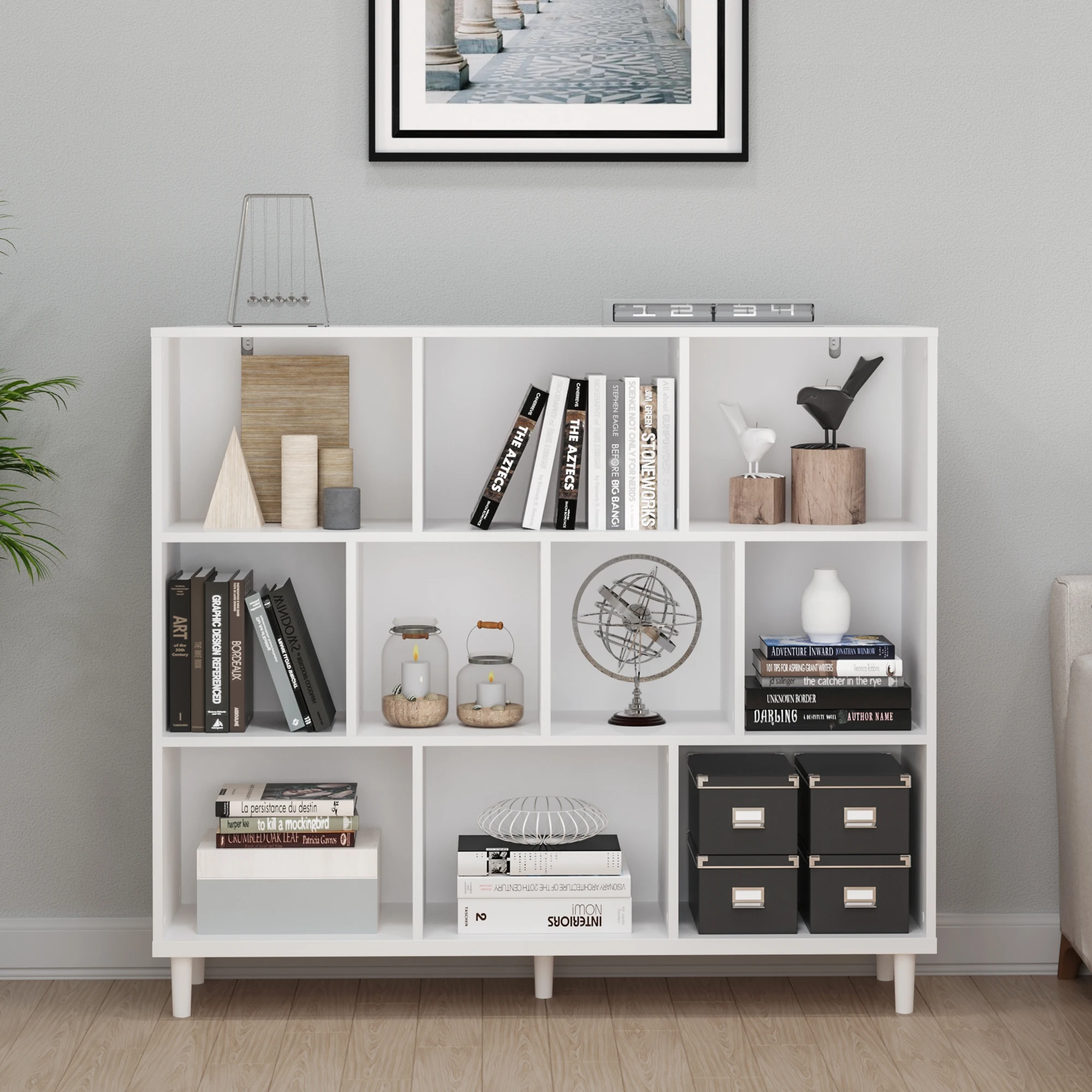 Estantería Abierta de 10 Cubos, Blanca, de 3 Niveles, con Rejilla de Almacenamiento, Mueble Independiente con Patas, Estantería Moderna para Sala de Estar, Adecuada para Salas de Estar, Hogares y Dormitorios