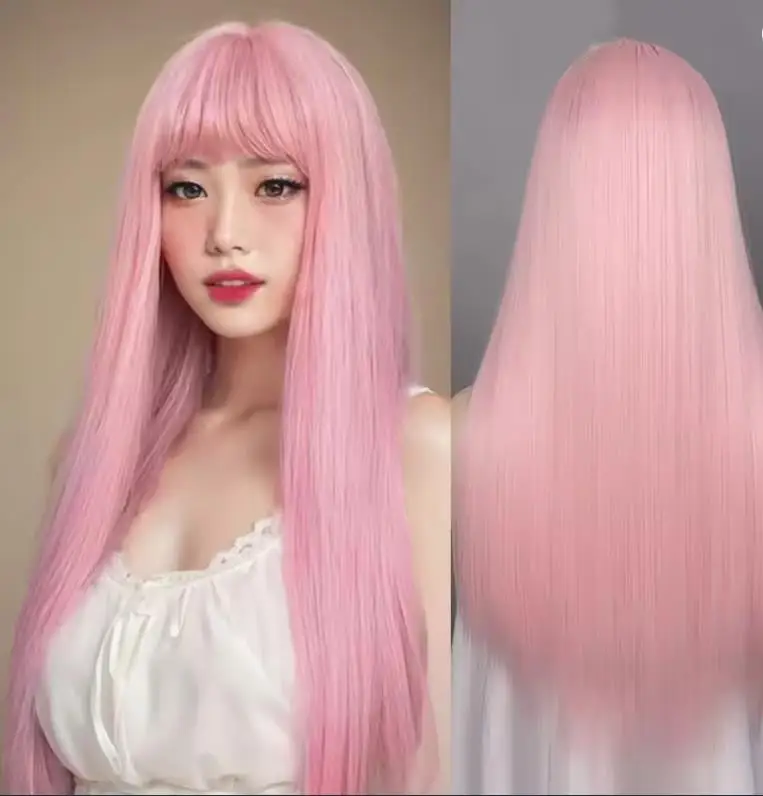

Synthetic Straight Wigs with Bangs Long Silky Heat Resistant Fiber Hair Full Machine Wigs Cosplay Party Wig For Fashion Women
