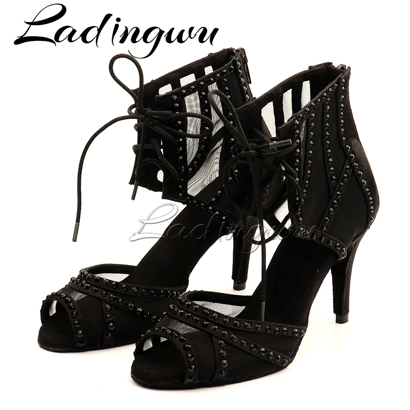 Ladingwu Latest Latin Dance Boots Woman Mesh Hot Rhinestone Dance Shoes Salsa Ladys Black Satin Ballroom Dancing Shoes