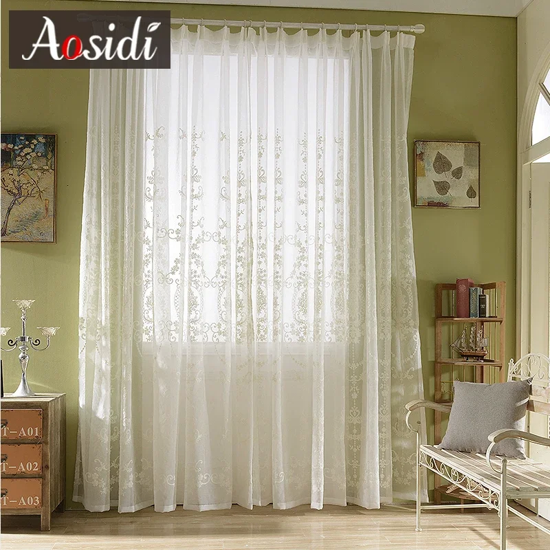 European White Embroidered Sheer Curtains for Living Room Luxury Embroidery Tulle Curtain for Bedroom Window Voile Home Decor